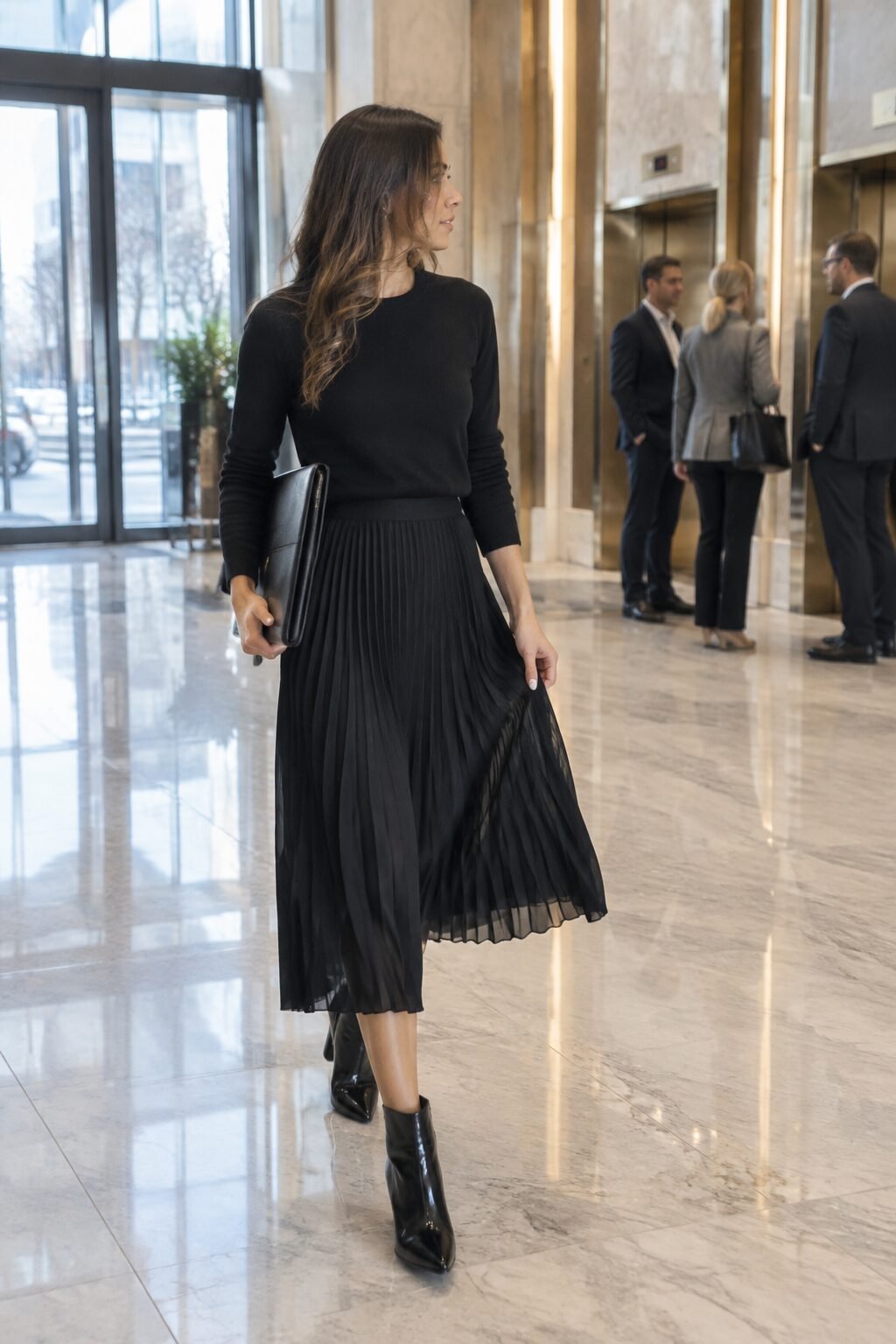 black cashmere sweater and pleated midi skirt outfit with glossy black boots, a quiet luxury winter office look