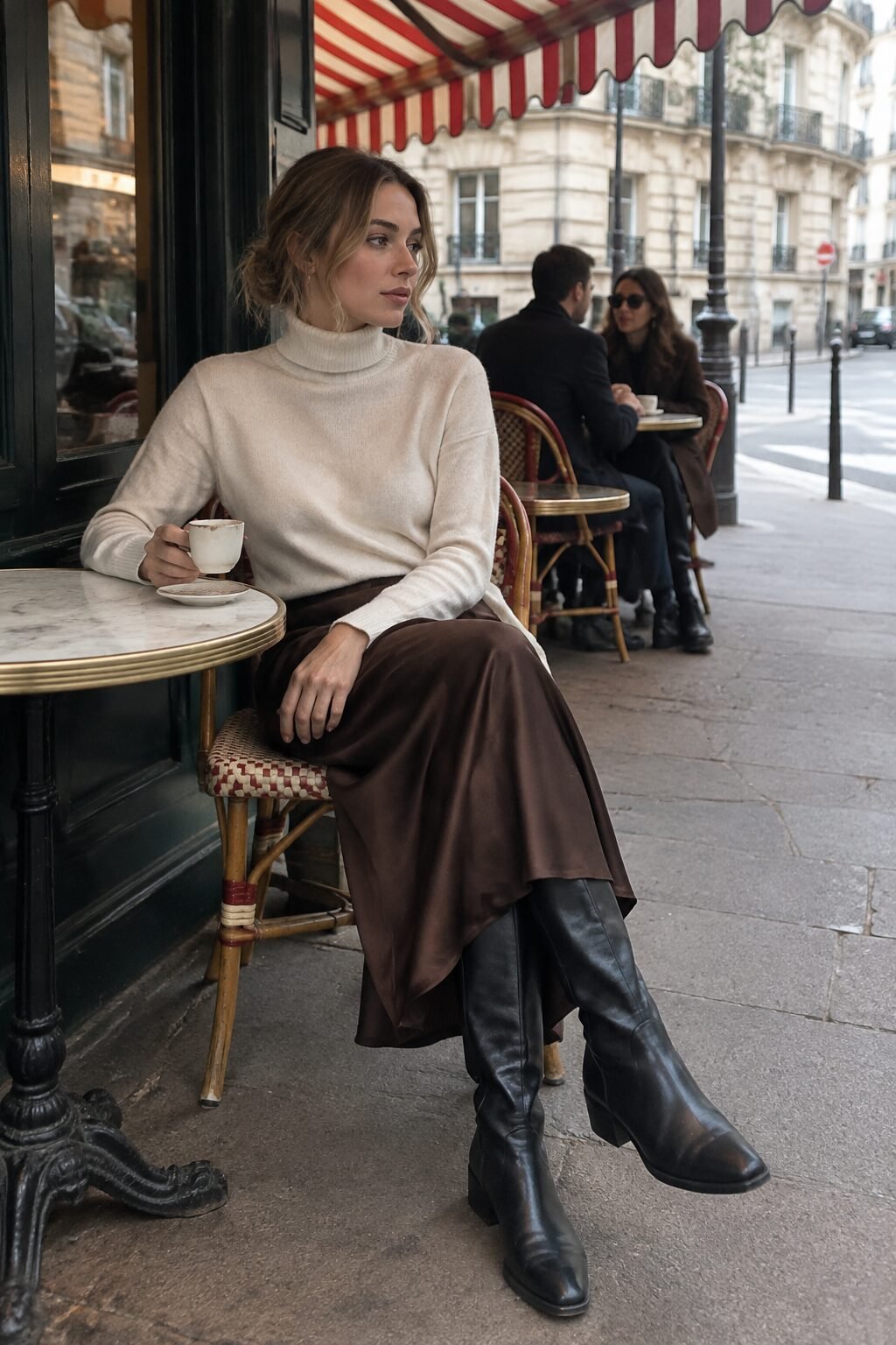 european winter outfit idea: cream cashmere turtleneck tucked into chocolate silk midi skirt with knee-high boots