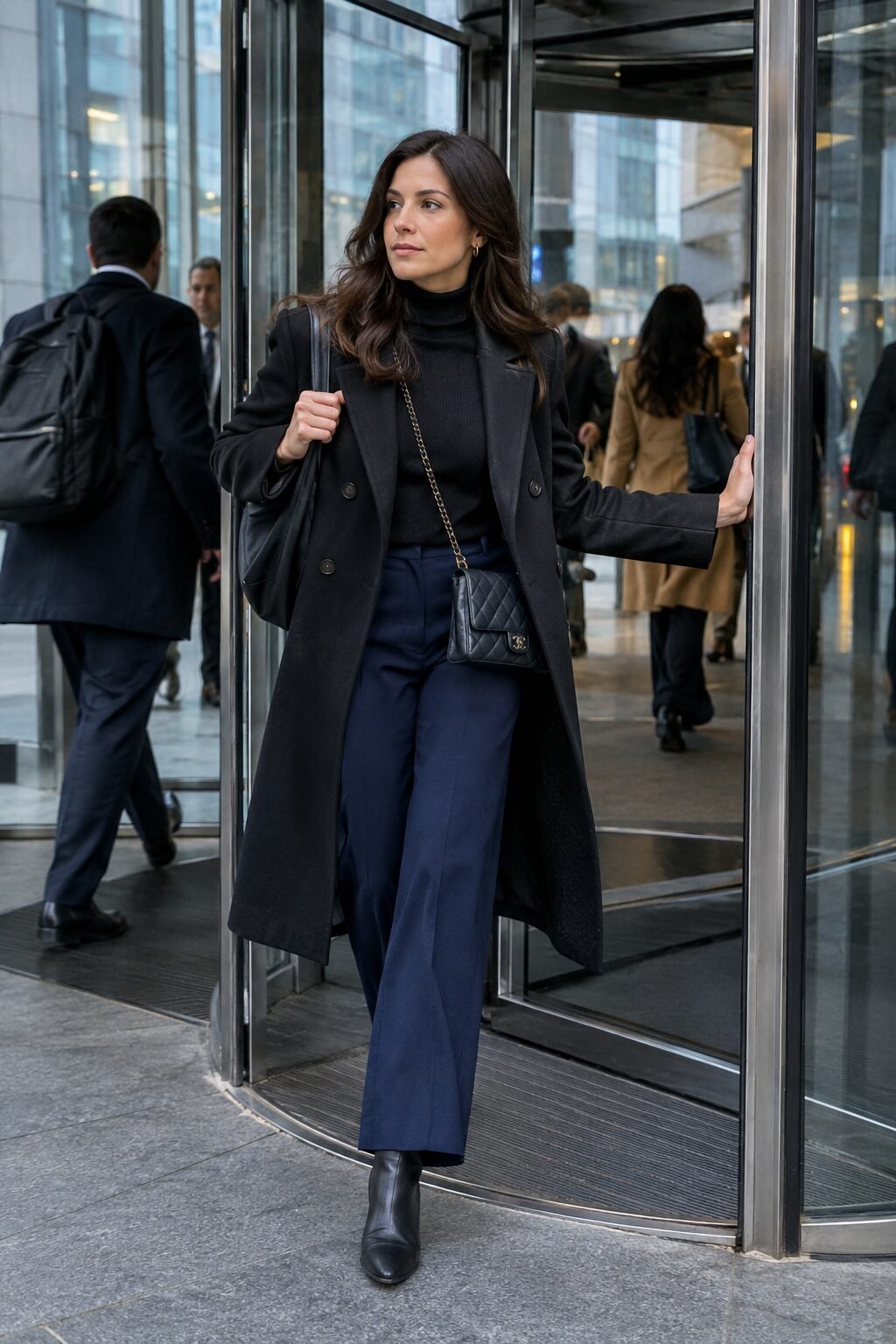 quiet luxury winter outfit: black turtleneck, navy trousers, and black wool overcoat