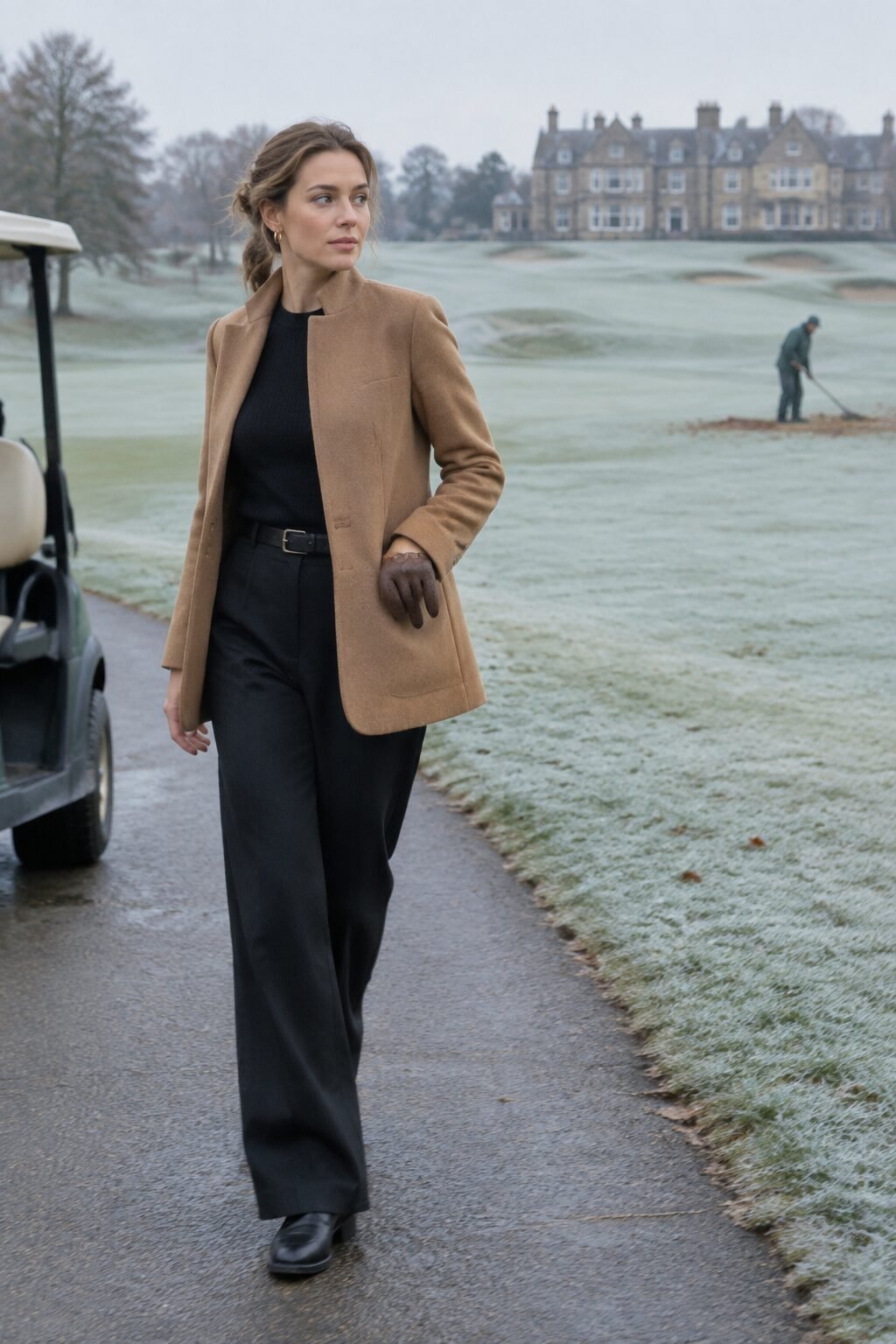 golf-adjacent winter country club outfit: camel wool stand-collar blazer and black wide-leg trousers