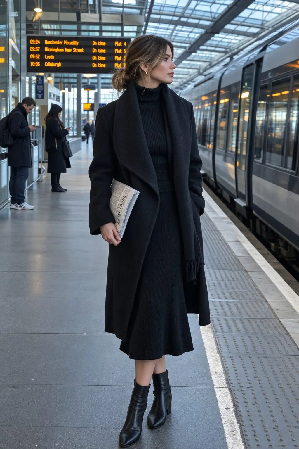 old money winter jacket outfit: black scarf-collar wool coat over a monochrome knit turtleneck and midi skirt
