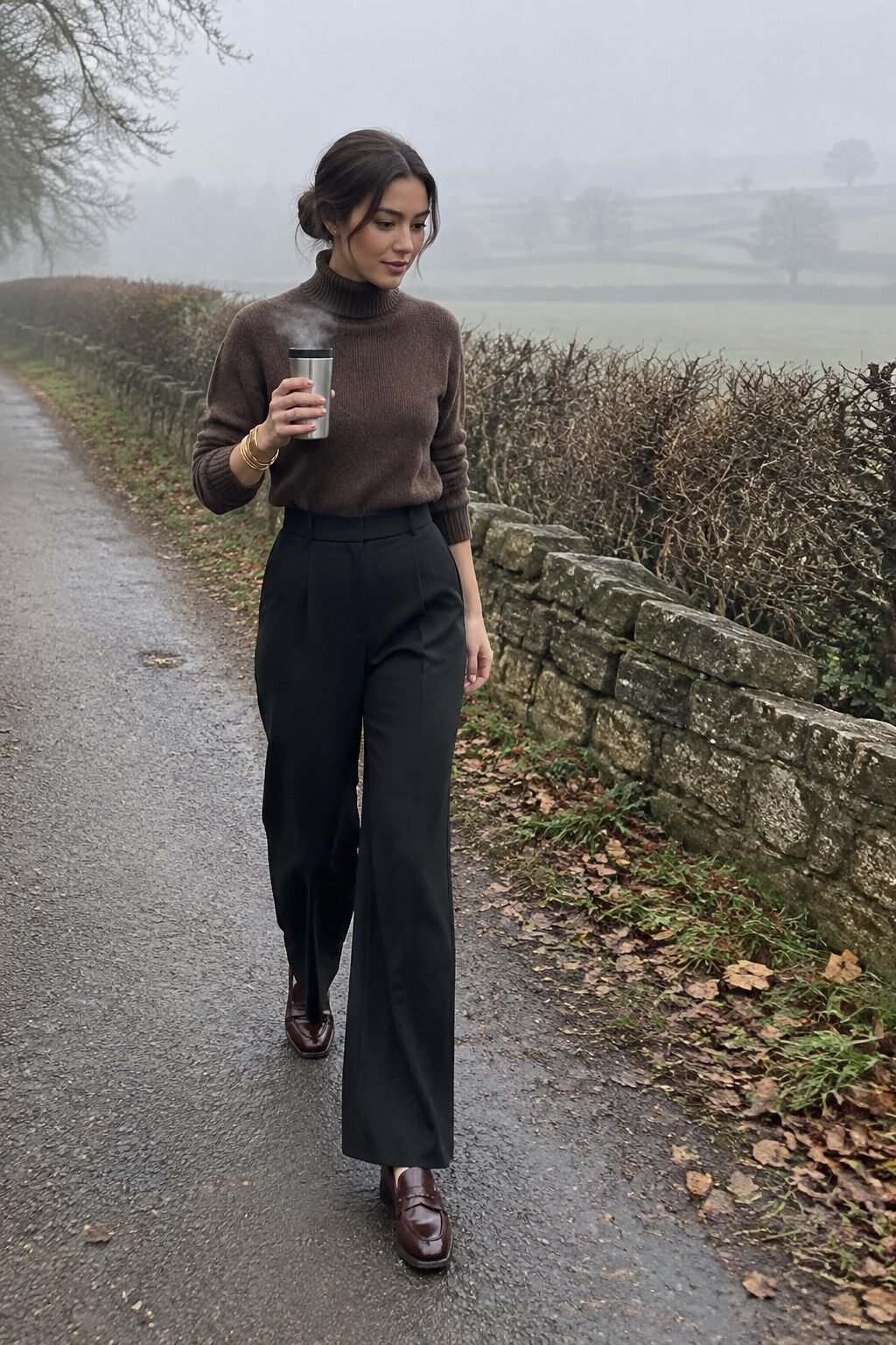 old money outfit with a brown cashmere turtleneck, black wide-leg trousers, and a stacked gold cuff bracelet