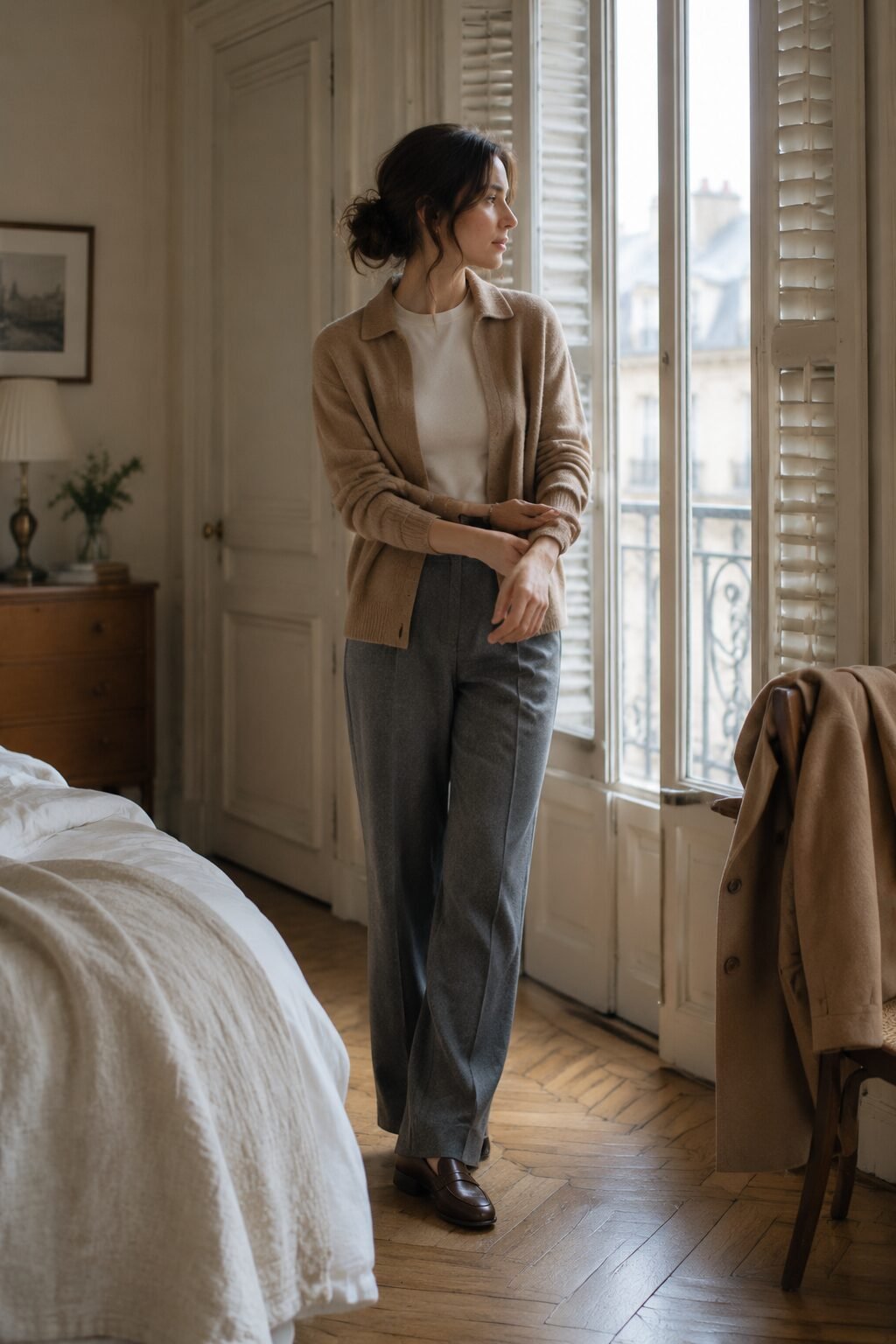 woman adjusting a thin merino base layer under a sweater for a Paris winter outfit