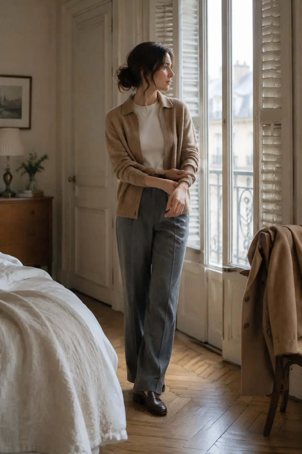 woman adjusting a thin merino base layer under a sweater for a Paris winter outfit