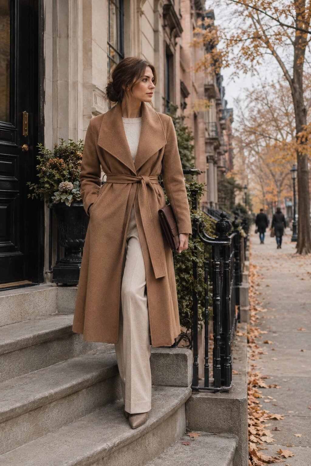 woman standing in a camel wool coat, old money fashion style outerwear