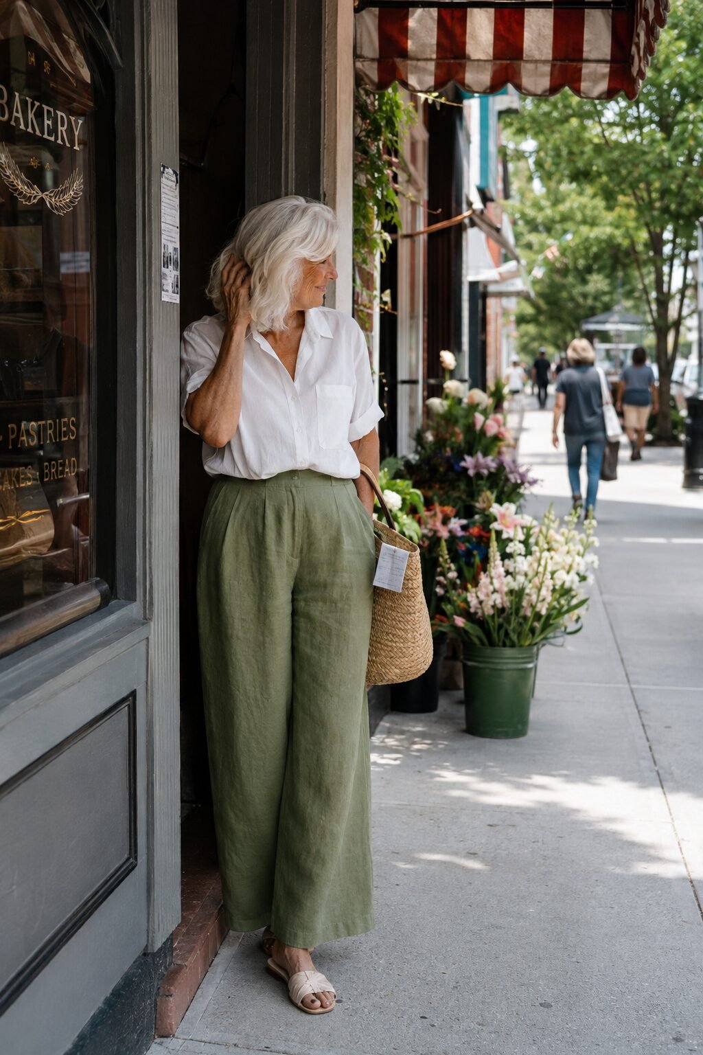 crisp white cotton poplin shirt tucked into sage green wide-leg linen trouser, casual summer outfit for women over 70