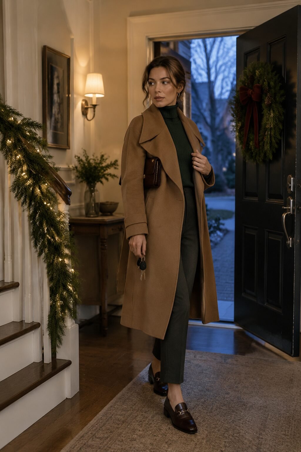 elegant woman in a caramel wool wrap coat over a dark green cashmere turtleneck at a holiday gathering