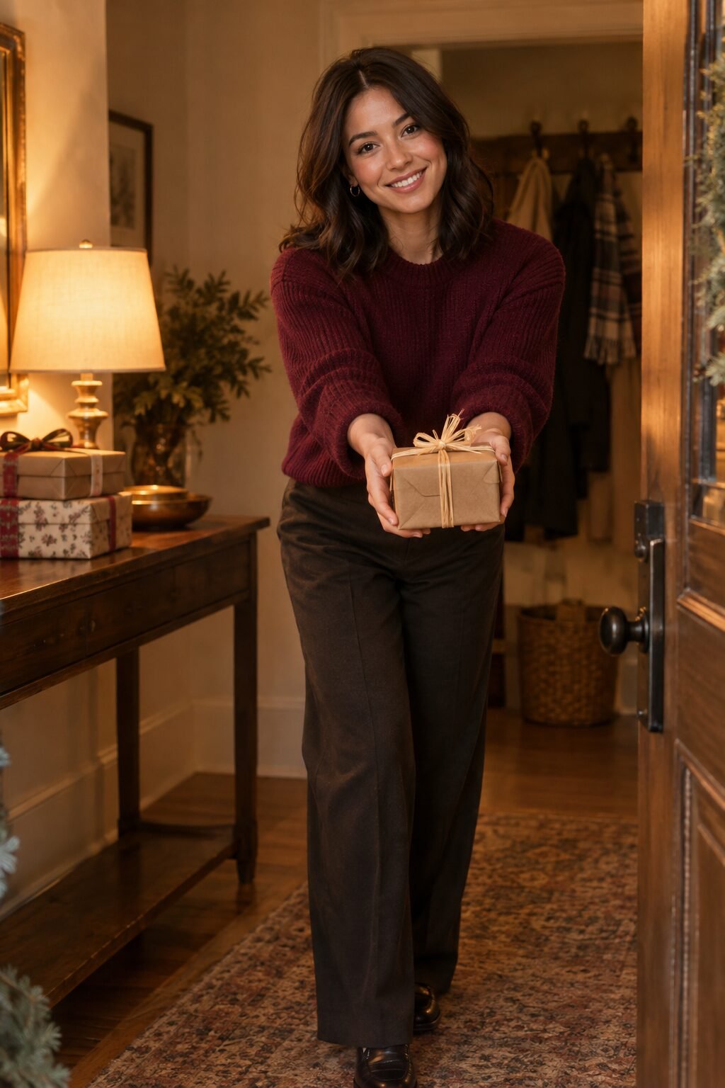 Woman handing a wrapped candle gift set to a host at the front door of a holiday party