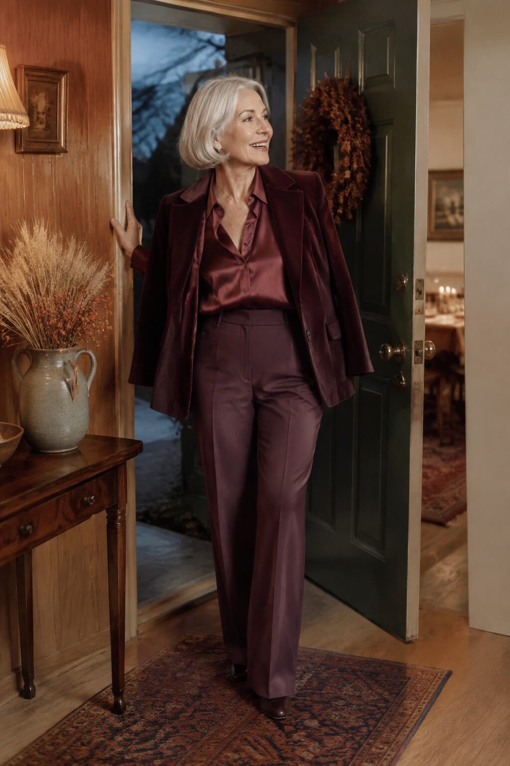 thanksgiving outfit for women in their 70s: plum velvet blazer, silk blouse, and tailored trousers for a formal family dinner