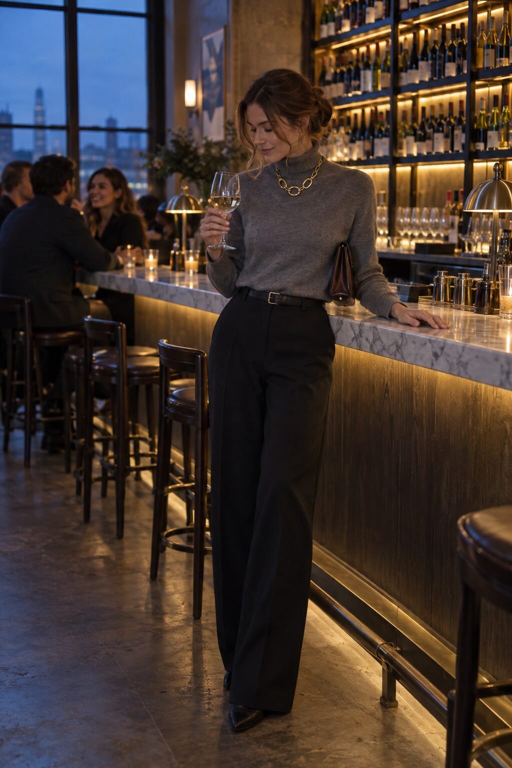 old money date night outfit: heather grey cashmere turtleneck and wide-leg trousers with a gold chain statement necklace