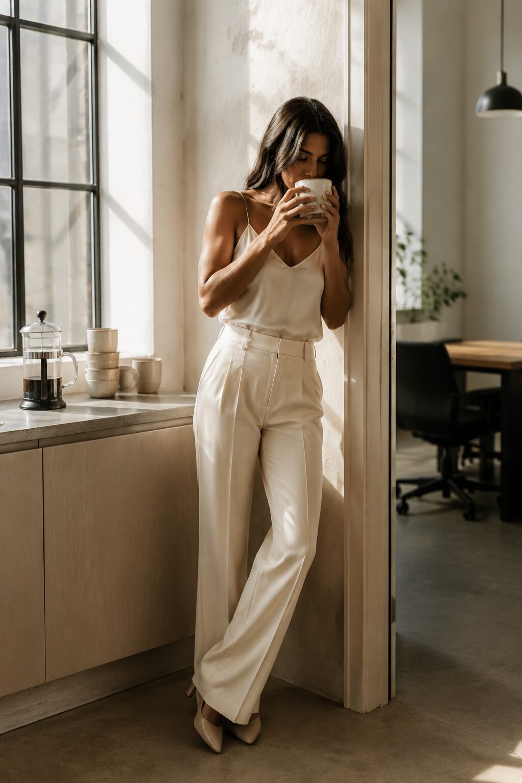 silk camisole tucked into high-waisted tailored trousers for an office outfit