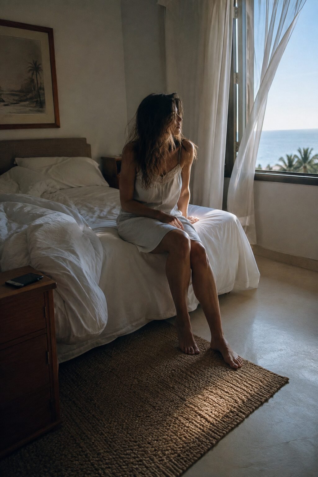 A woman sitting on the edge of the bed in the morning light