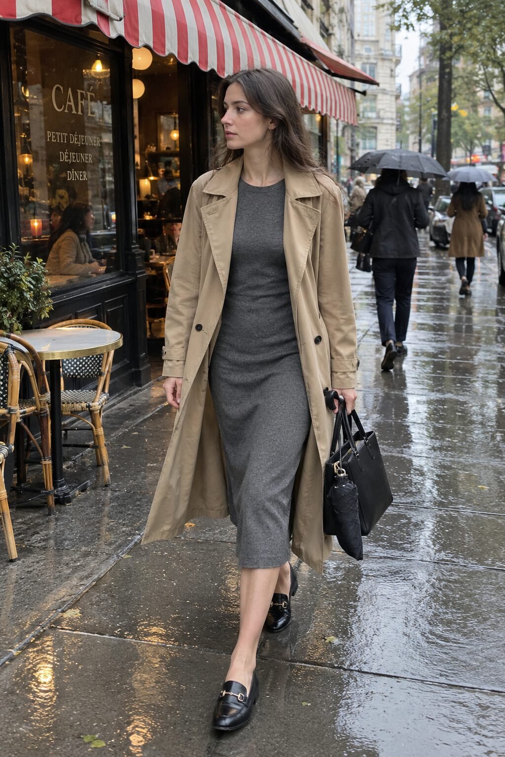 how to style a corporate dress with a trench coat: grey melange wool sheath dress under an open khaki belted trench coat with a black structured tote bag