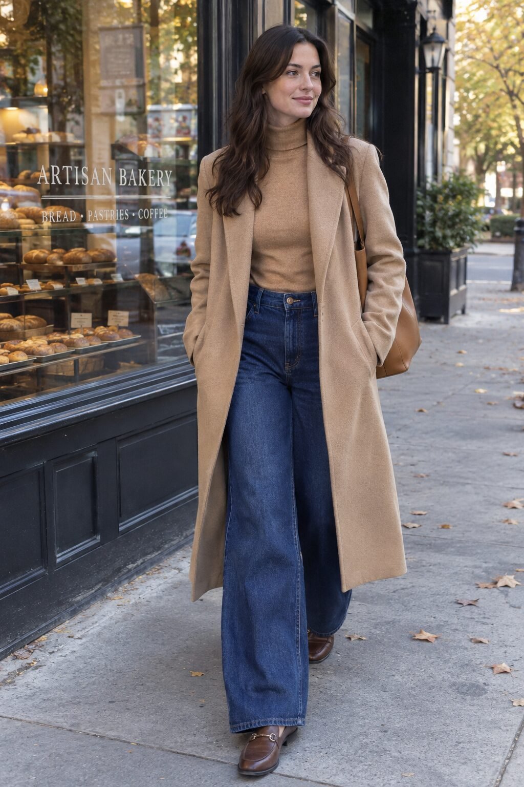 Polished denim outfit: wide-leg indigo jeans with a tucked camel cashmere turtleneck and loafers for fall weekend errands