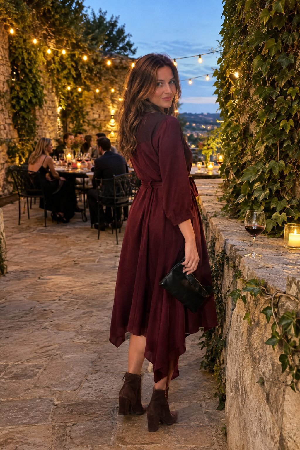 fall wedding guest outfit: burgundy wrap dress with chocolate suede ankle boots