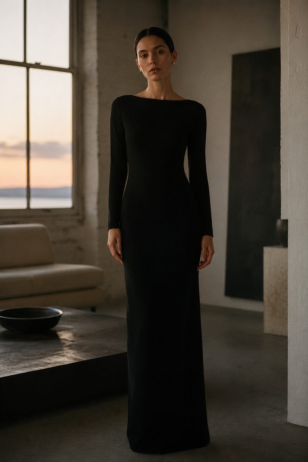 90s minimalist black dress look: long-sleeve floor-length column dress with pearl stud earrings for evening