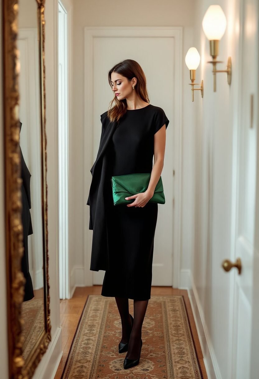 single gold jewelry accent on an elegant holiday party outfit, minimal sparkle styling
