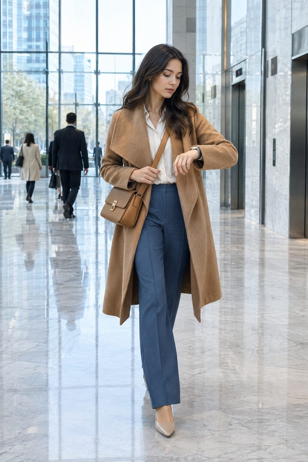 woman wearing a camel wool coat over blue tailored trousers for the office