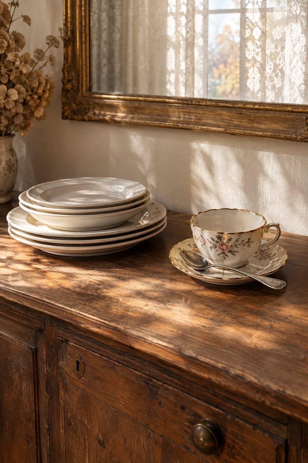 holiday table setting mixing heirloom china with everyday white dinner plates