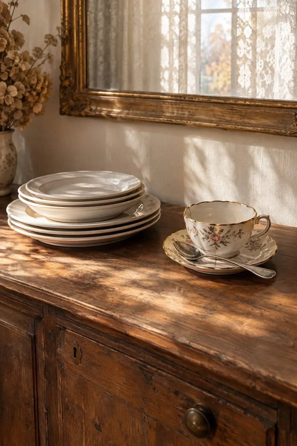 holiday table setting mixing heirloom china with everyday white dinner plates