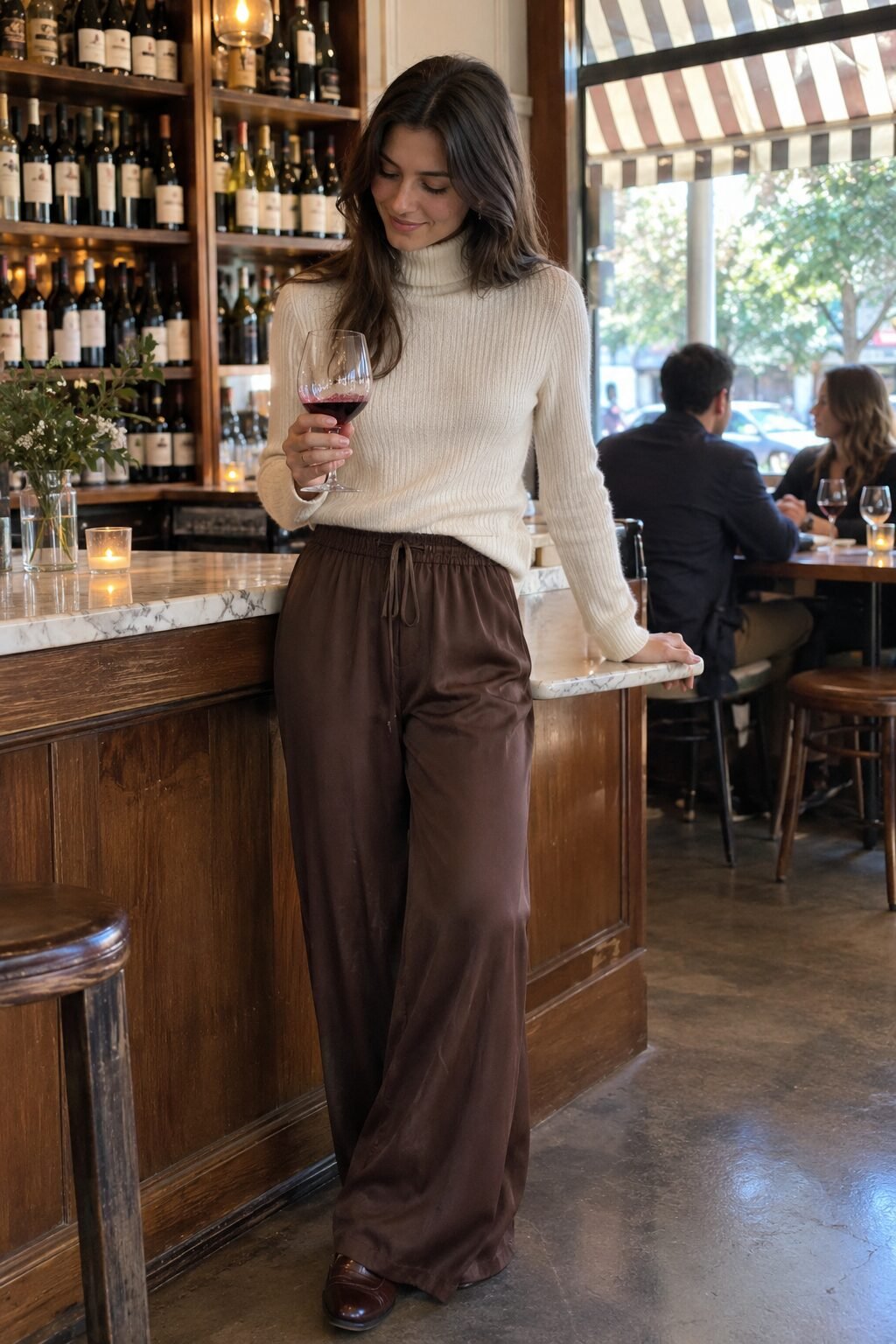 old money valentine's date night outfit: ivory cashmere turtleneck with chocolate silk wide-leg trousers