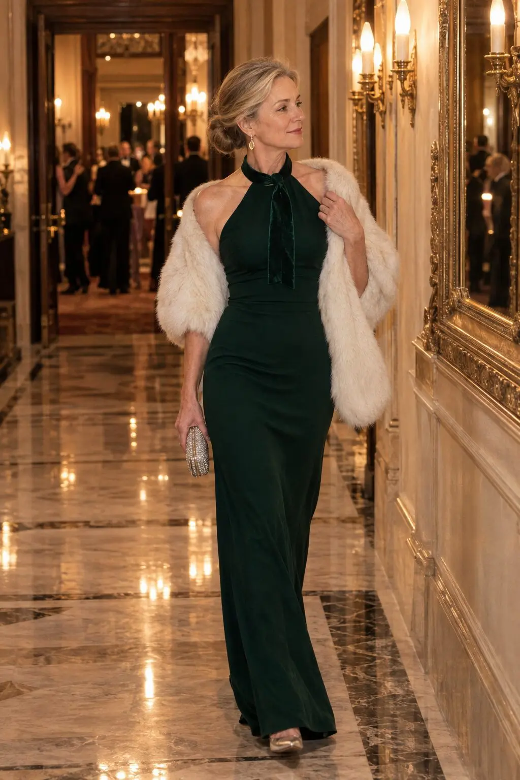 stepmother of the groom black tie wedding outfit: emerald column gown with ivory faux fur wrap and gold earrings