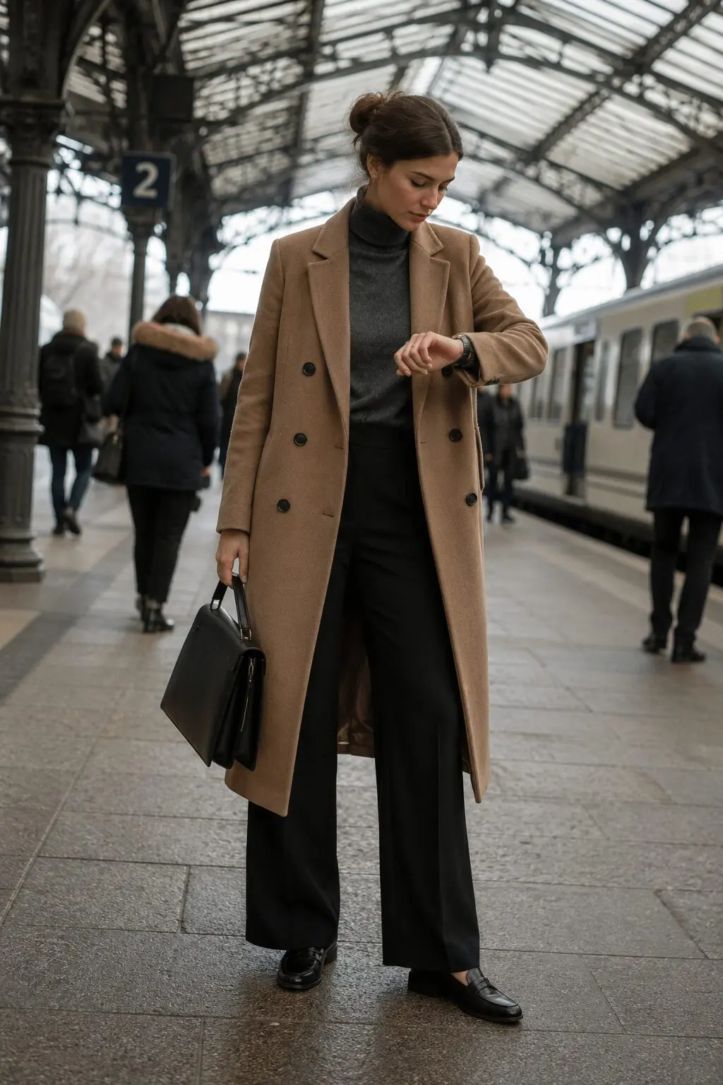 camel wool coat styled with a turtleneck and tailored trousers for the office