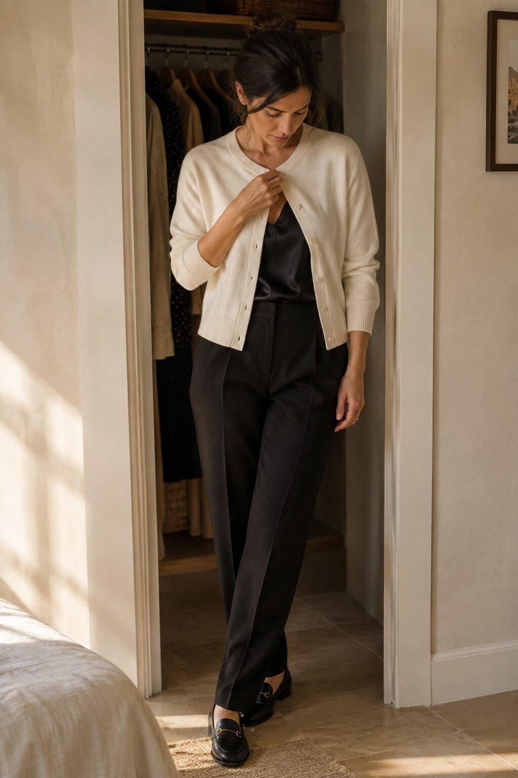 Woman wearing a silk camisole layered under a blazer for a holiday look