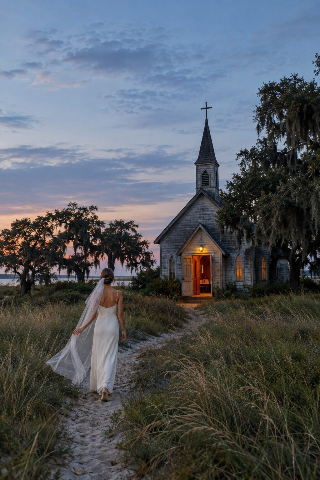 A quiet wooden chapel on a remote barrier island at dusk, wedding scene
