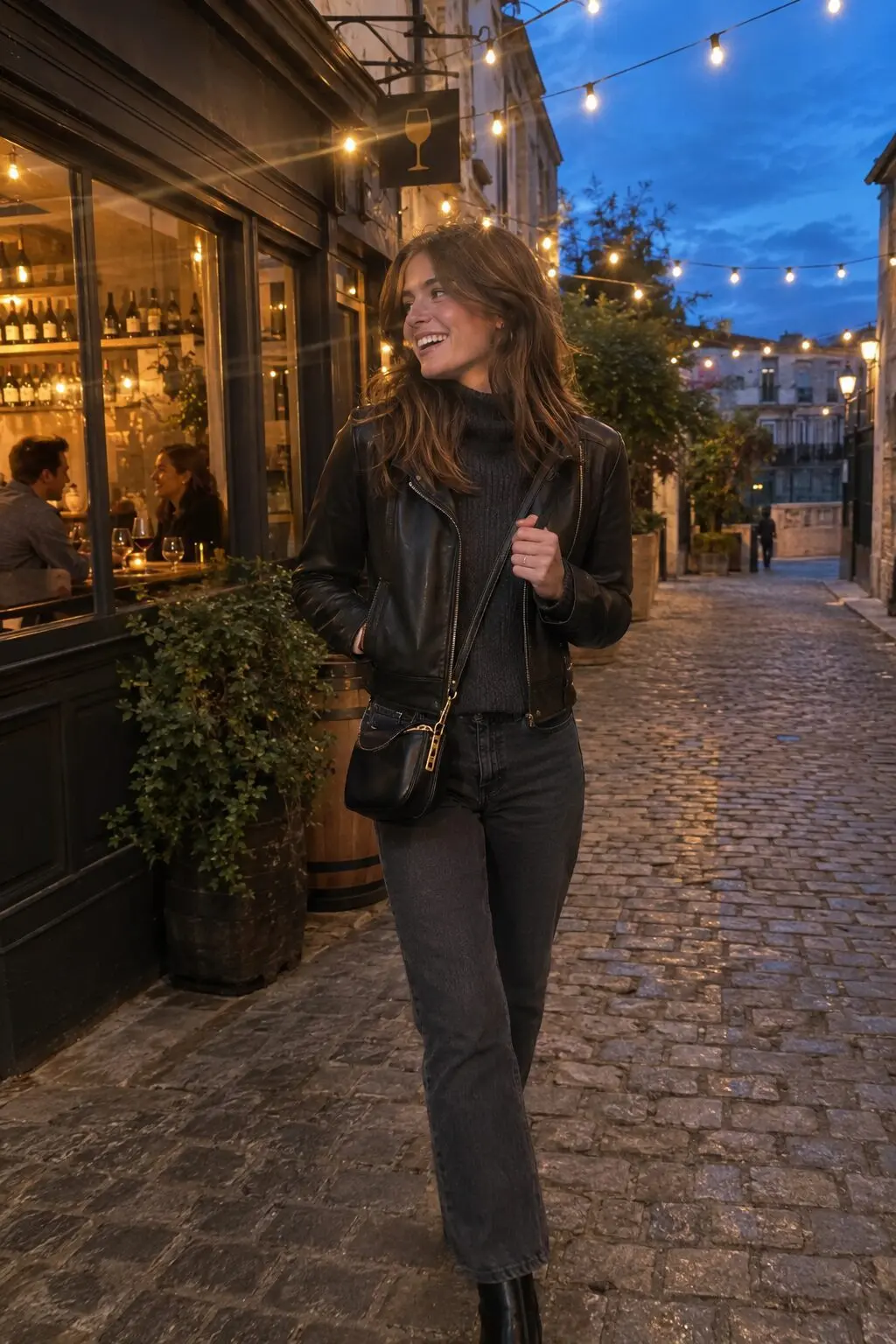 charcoal and grey fall outfit: black leather moto jacket layered over a charcoal cashmere mockneck