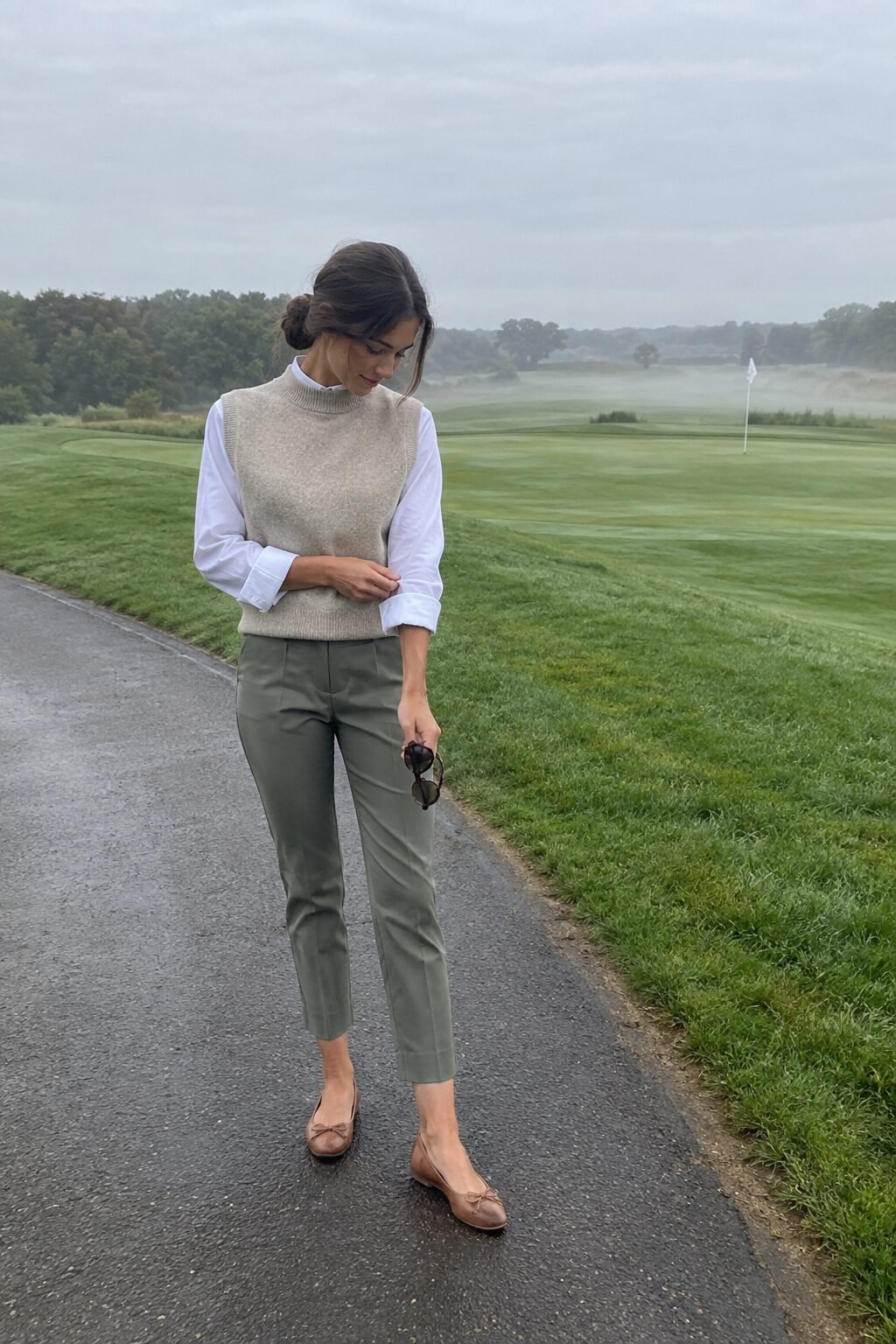 chic country club attire: sage cashmere vest layered over white poplin shirt with cropped green trousers for a golf morning