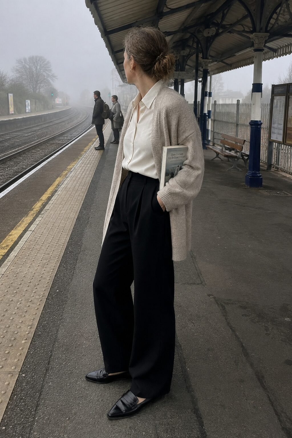 elegant weekday morning outfit: off-white silk blouse and oatmeal cashmere cardigan over black wide-leg trousers with black loafers