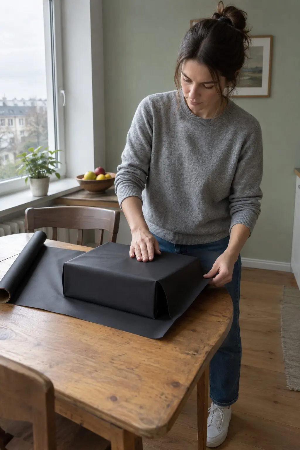luxury gift wrapping: a box wrapped in solid matte black paper with crisp corners on a marble surface