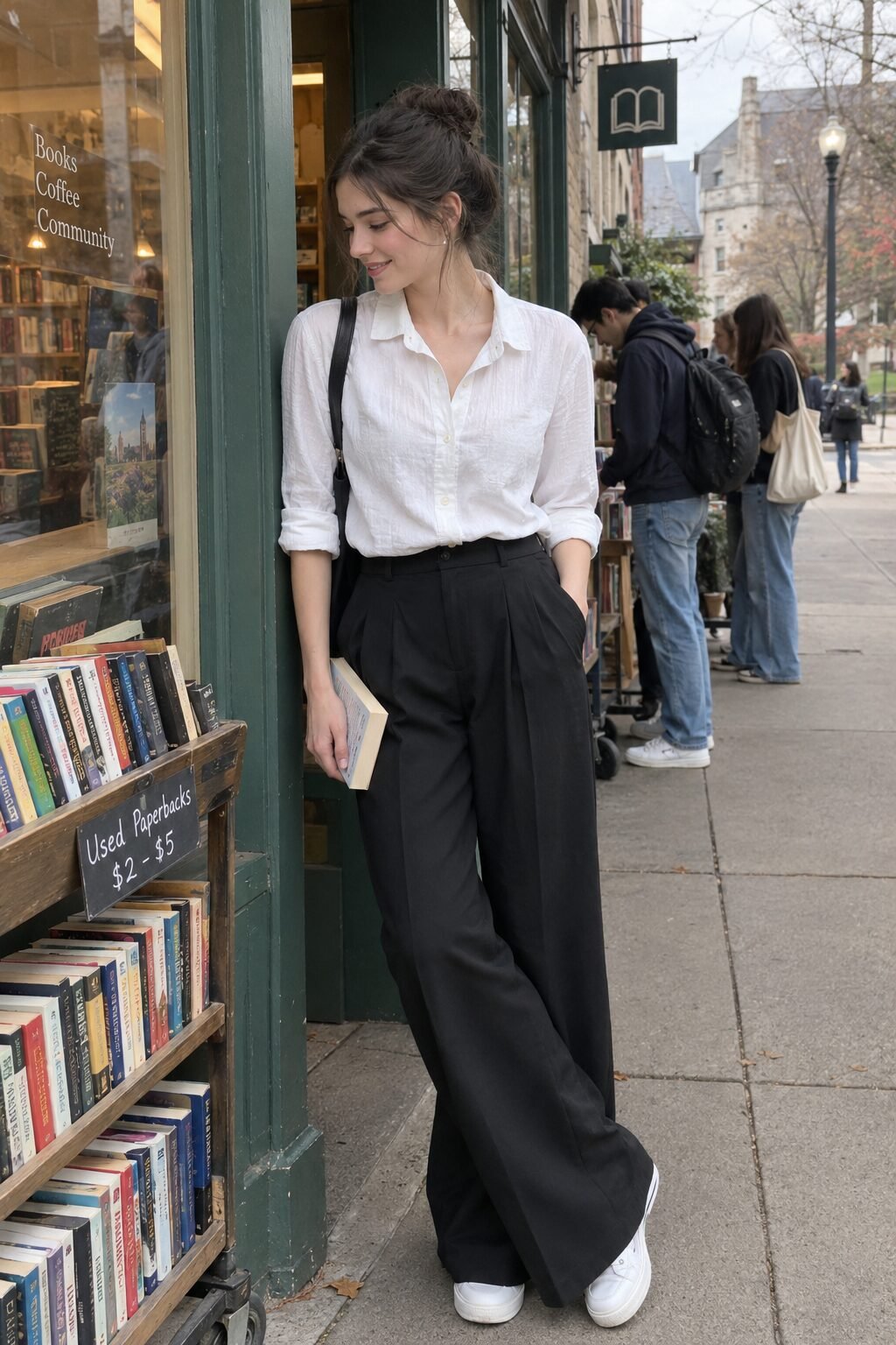 college capsule wardrobe outfit: white cotton button-up shirt, black wide-leg trousers, and white leather sneakers