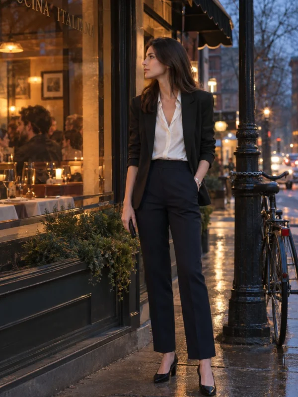 Old money outfit: ivory silk shirt + black blazer + midnight trousers