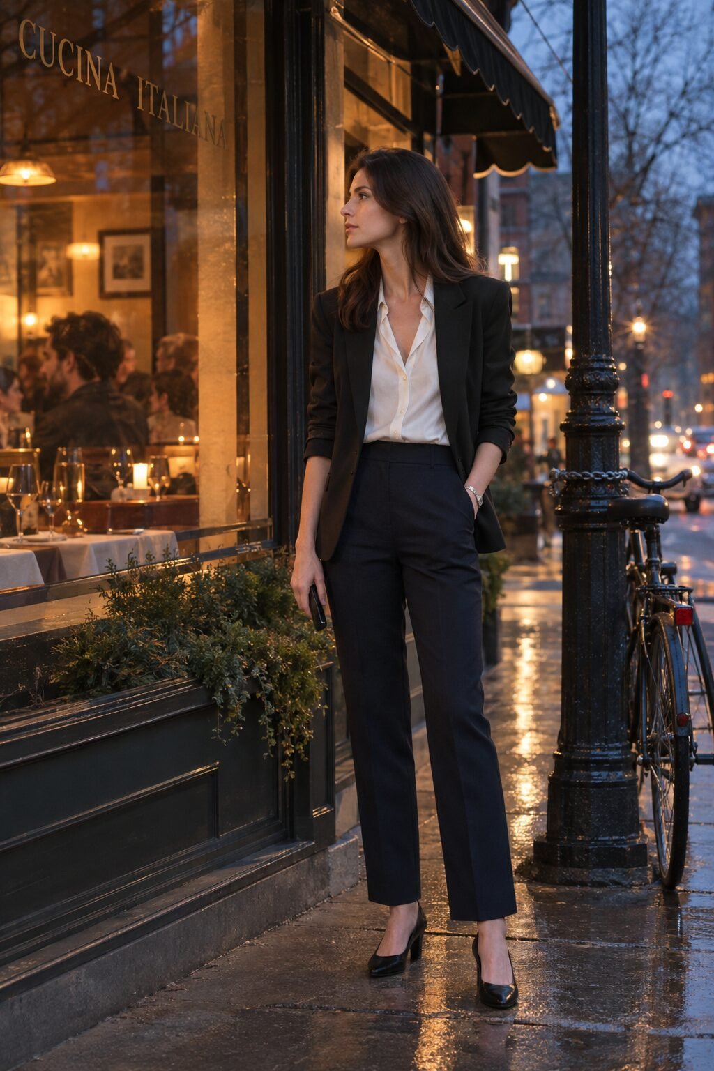 old money date night outfit for women: off-white washable silk shirt, black blazer and midnight wool trousers