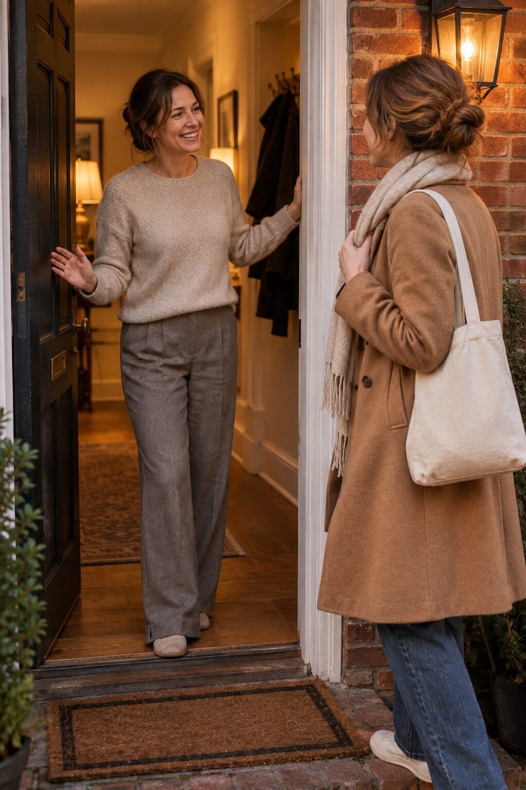 host opening the front door with a warm greeting to arriving guests in a candlelit hallway