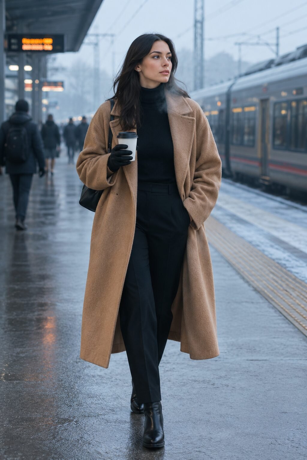 winter office outfit: camel wool coat, black turtleneck, and straight-leg trousers for a cold commute