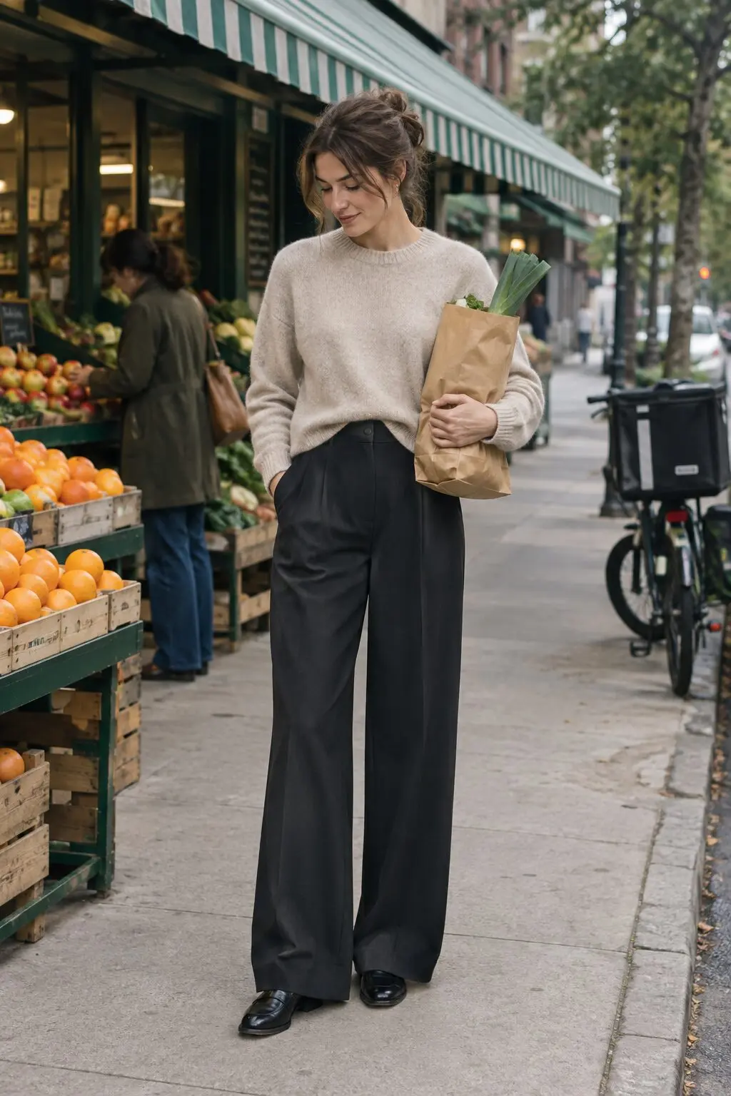 wide-leg trousers outfit with an oatmeal cashmere sweater half-tucked and black penny loafers for weekend errands