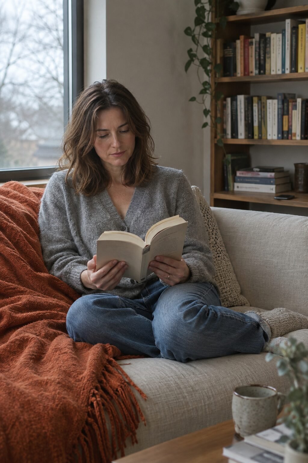 woman reading a paperback on a linen sofa with her phone left across the room, a screen-free luxurious weekend habit