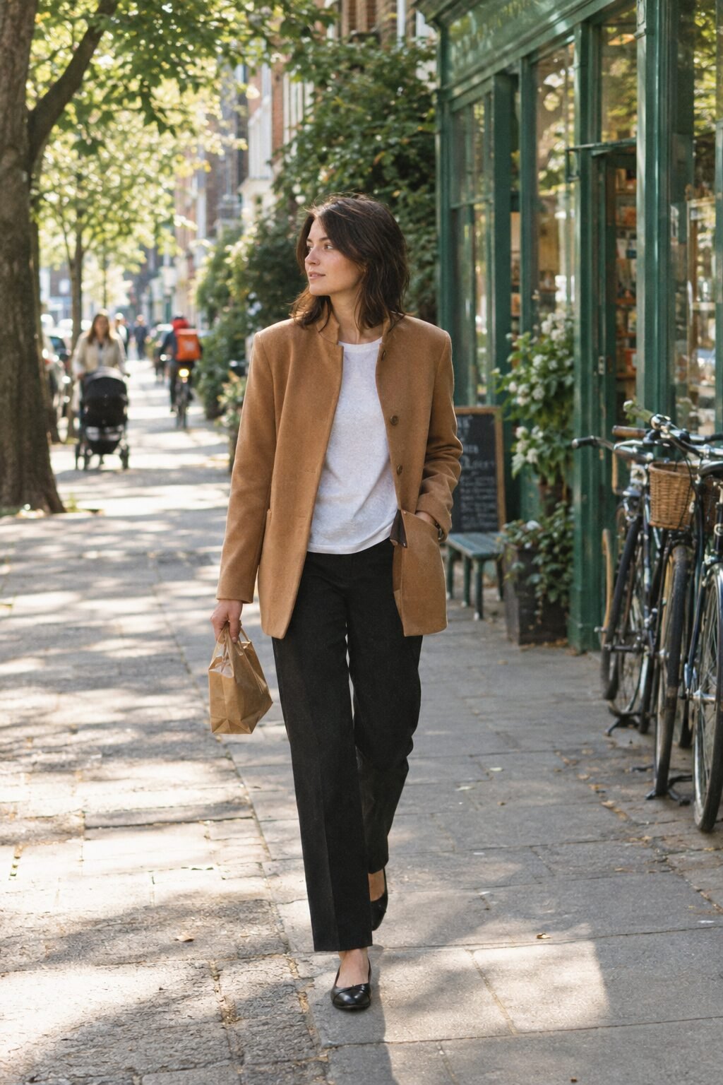 casual chic coffee run outfit: camel wool blazer over an oversized white tee