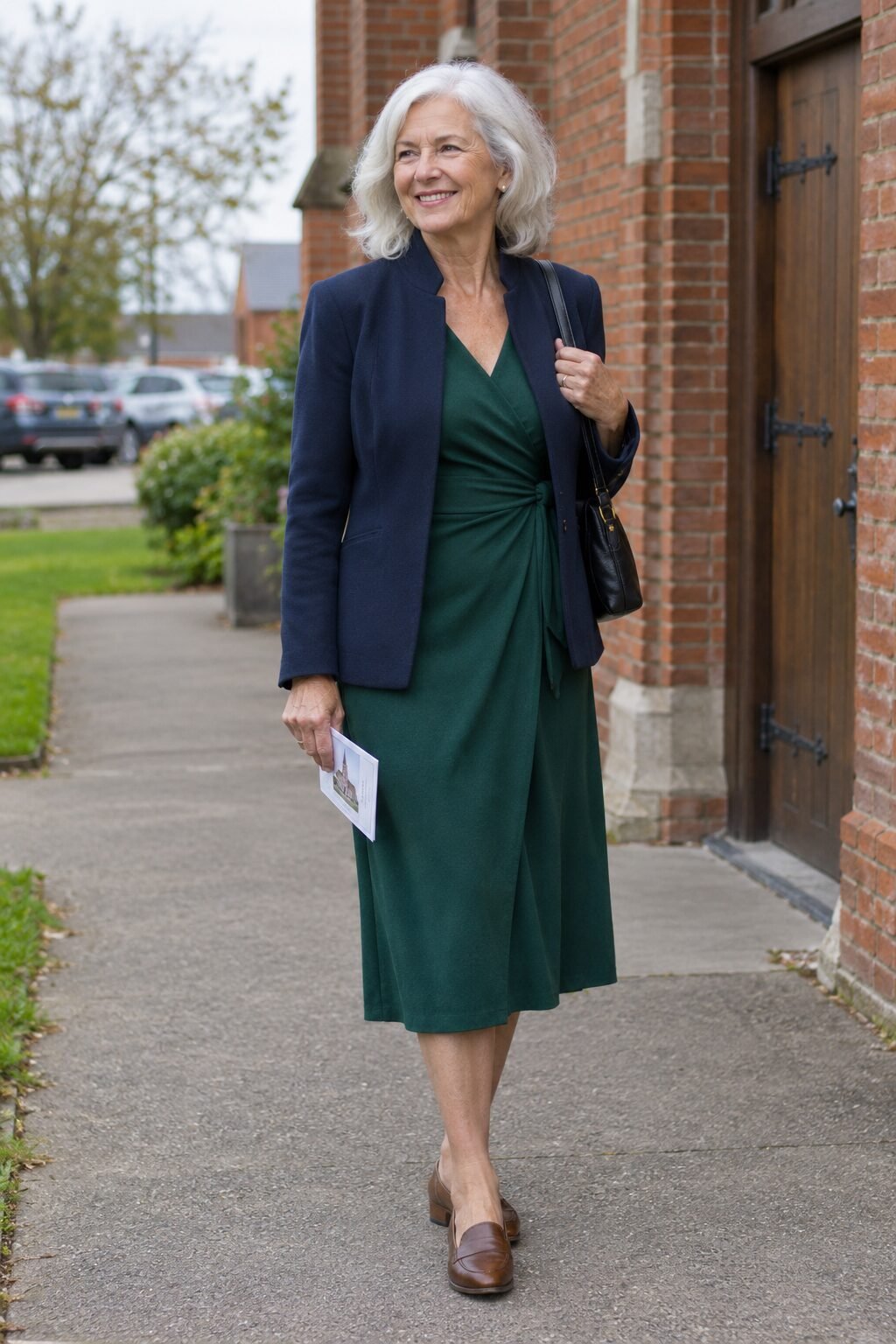 capsule wardrobe outfit for women in their 70s: deep green jersey wrap dress, structured navy wool blazer and brown loafers for church