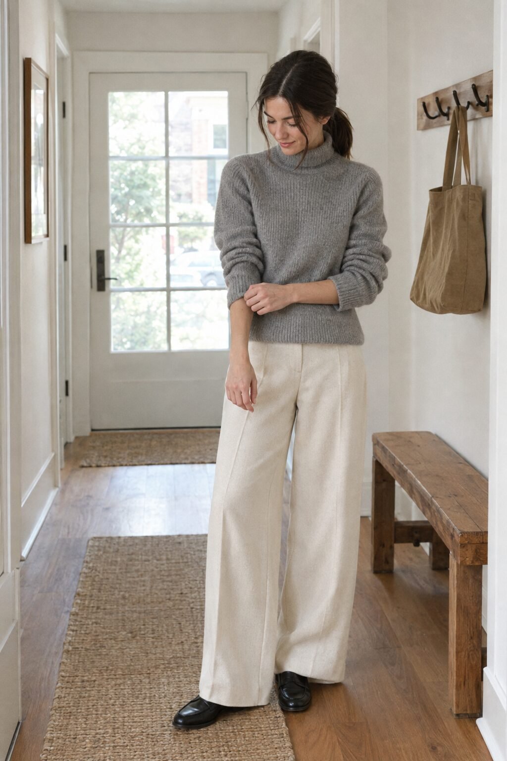 A woman in a soft grey knit and neutral trousers adjusting her sleeve in a bright hallway