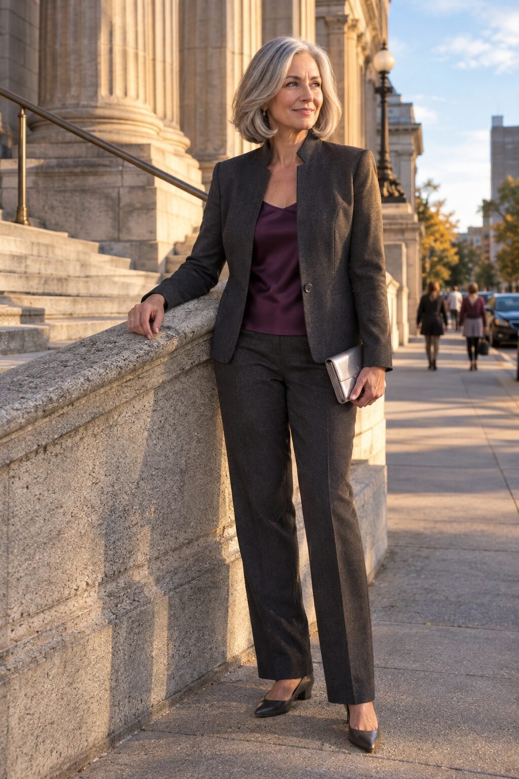 mother of the groom pant suit in charcoal ponte with a slim silver box clutch for a courthouse ceremony