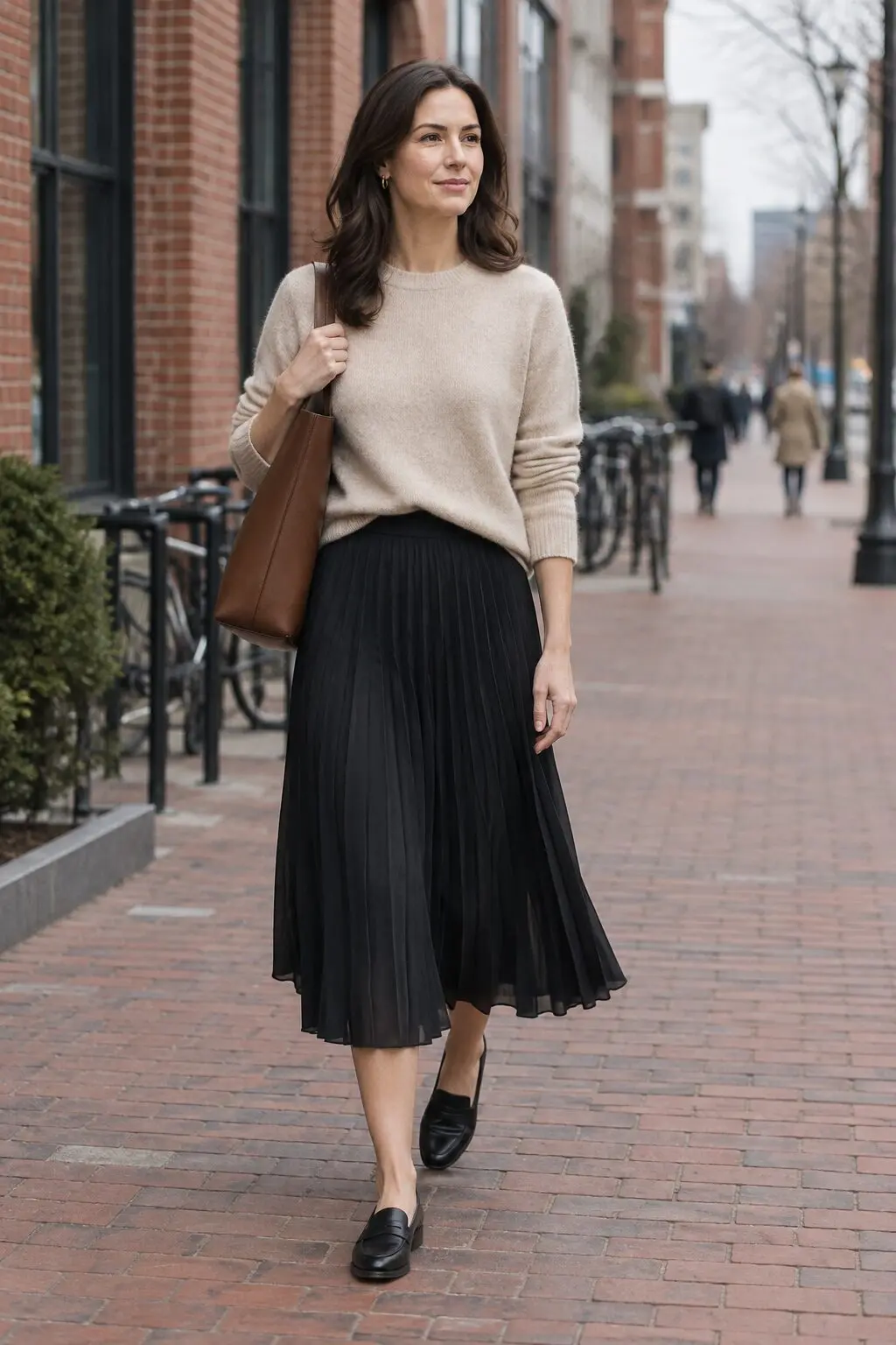 how to wear a midi skirt to the office: oatmeal cashmere crewneck sweater half-tucked into a black pleated midi skirt with black penny loafers