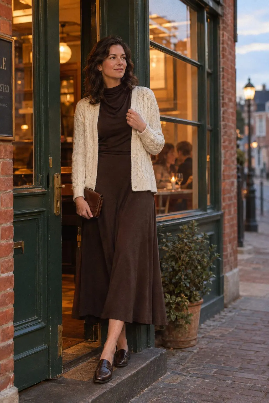 comfortable elegant dinner outfit: dark brown draped jersey midi dress, cream cable-knit cardigan and chocolate penny loafers