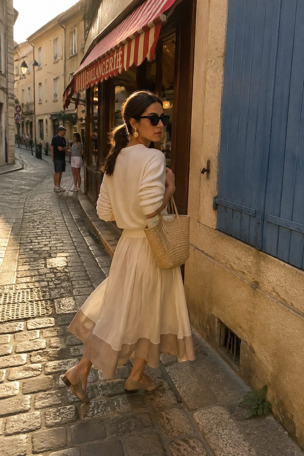 woman wearing a fitted ivory cashmere sweater half-tucked into an A-line midi skirt