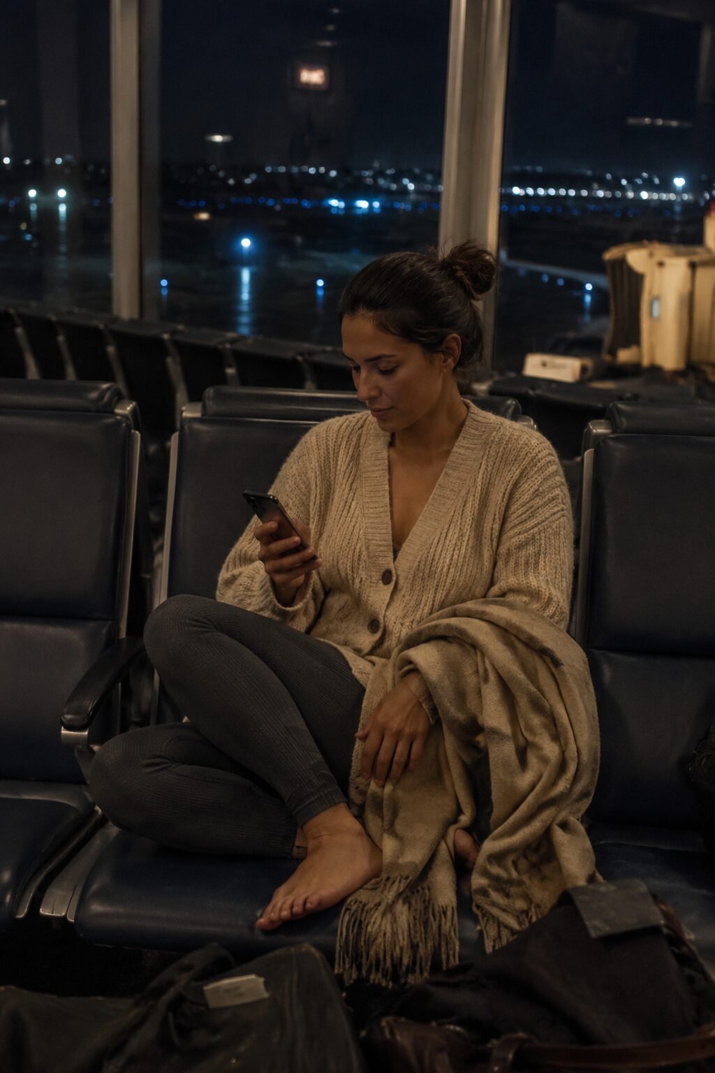 comfortable airport outfit: oversized oatmeal cardigan and charcoal ribbed leggings for an overnight flight