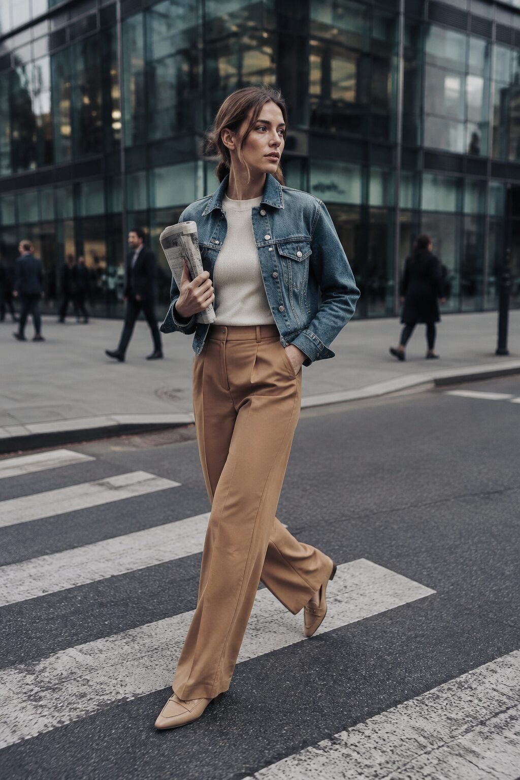 woman wearing a cropped denim jacket with camel tailored trousers and a loafer for an office-casual outfit