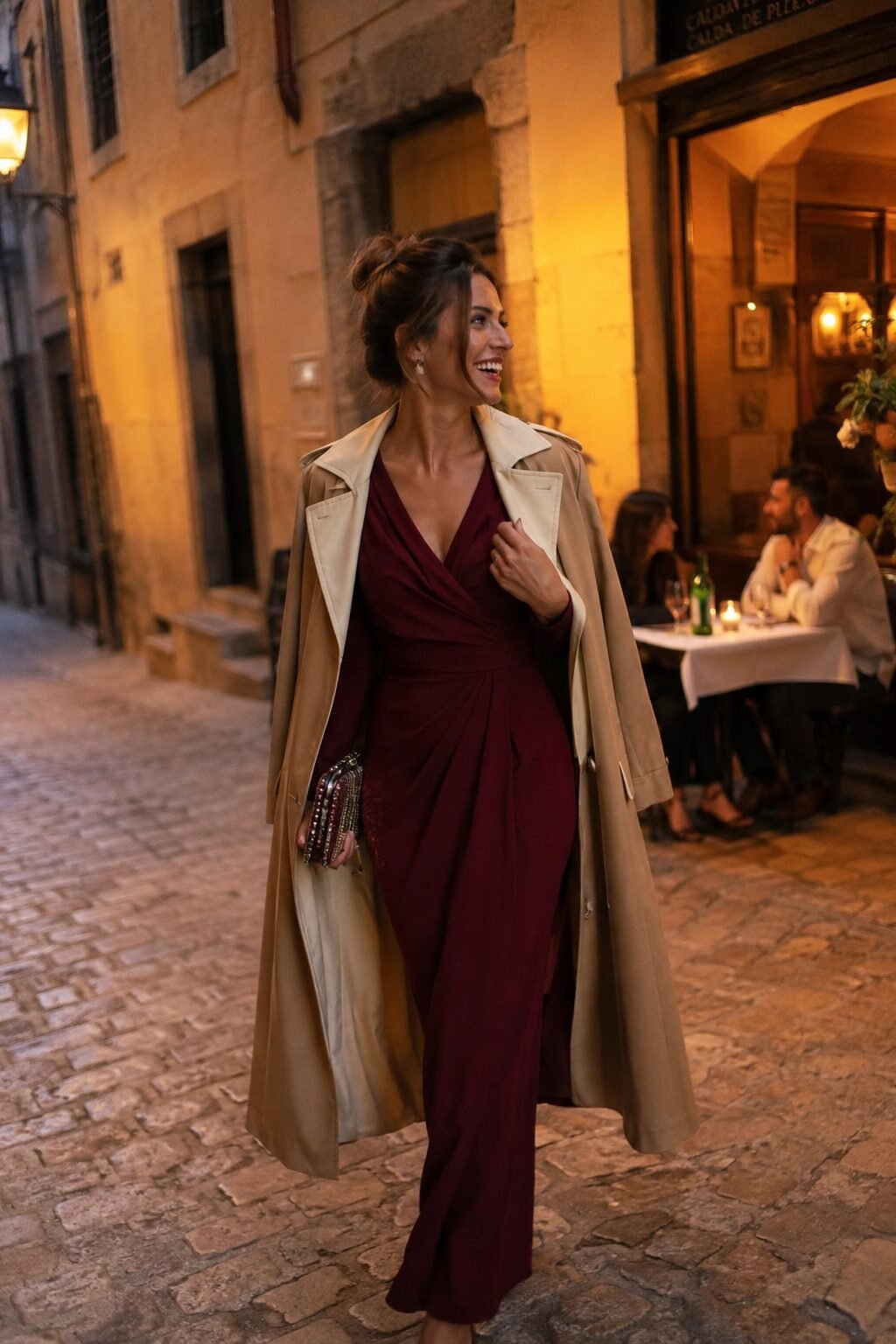 burgundy wrap dress styled with an open camel trench, elevated fall dinner outfit